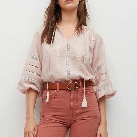 Mango Cotton Linen Blouse Embroidered New - Picture 6 of 8